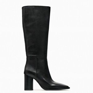 Zara Black 100% Leather Knee High Block Heels Boots